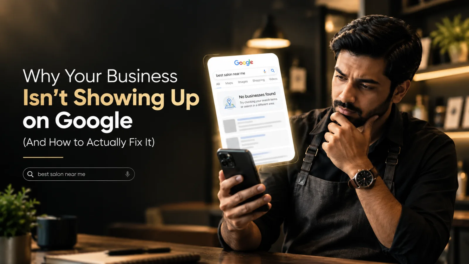 Business owner checking why their store doesn't appear in Google search results